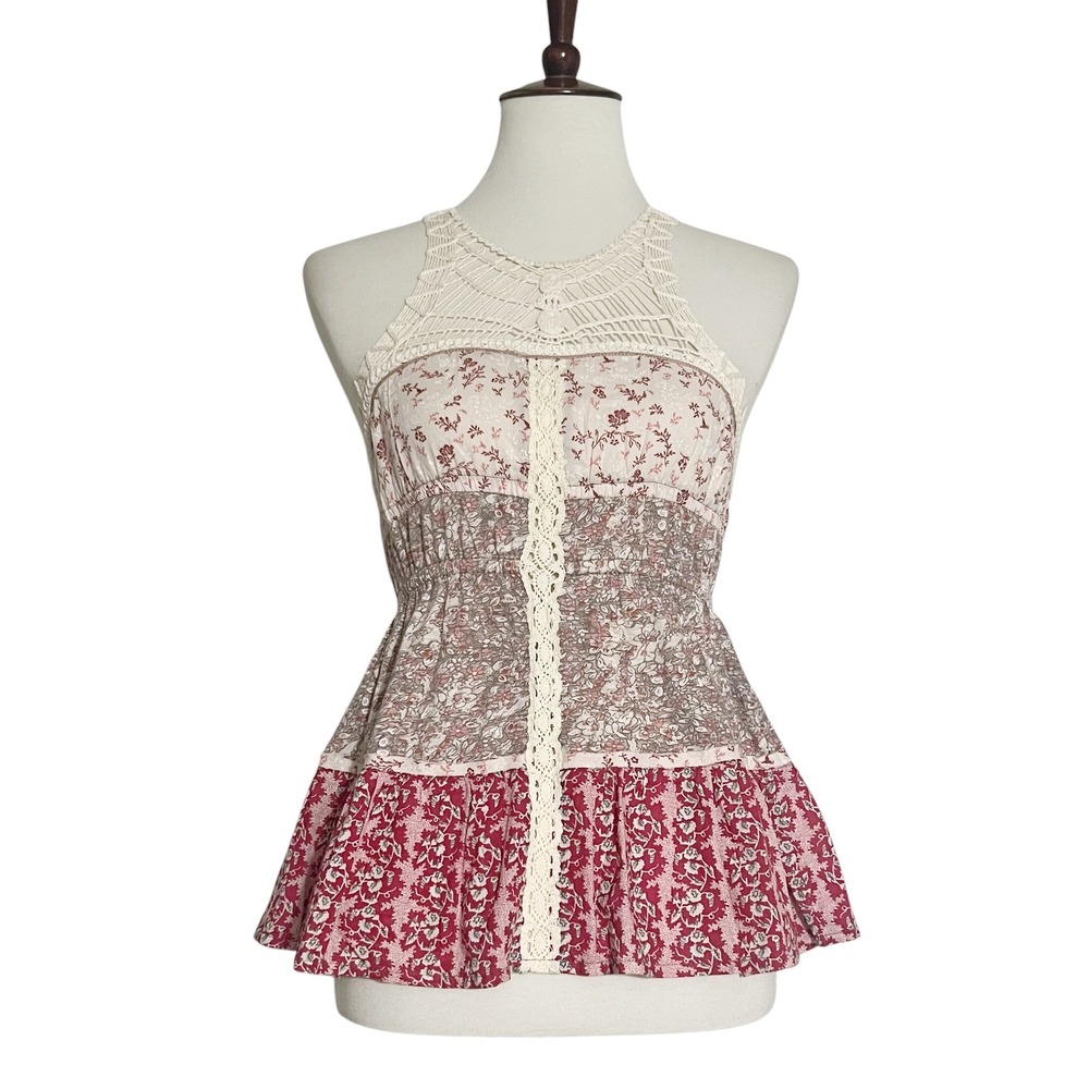 Free People Sleeveless Printed Crochet Halter Top Size XSmall NWT